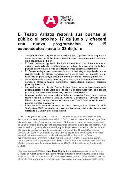 El Teatro Arriaga reabrirá sus puertas al  público el próximo 17 de junio y ofrecerá  una nueva programación
