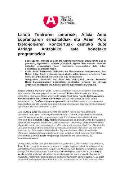 Recital de la soprano Alicia Amo, concierto del chelista Asier Polo en la programación semanal del Teatro Arriaga