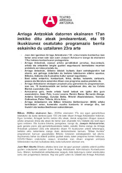 El Teatro Arriaga reabrirá sus puertas al  público el próximo 17 de junio y ofrecerá  una nueva programación