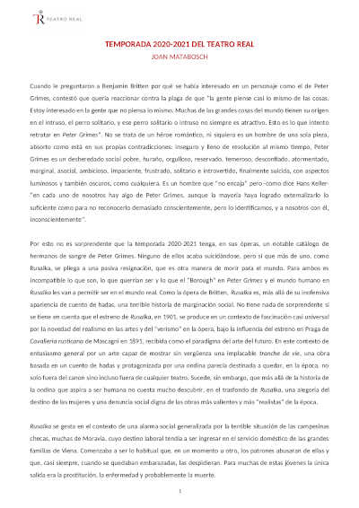 Se presenta la Temporada 2020-2021 del Teatro Real, reivindicando la vuelta a la normalidad y la confianza en el futuro