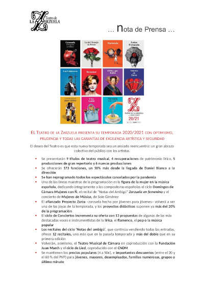 El Teatro de la Zarzuela presenta su Temporada 2020/2021 con optimismo, prudencia y garantías