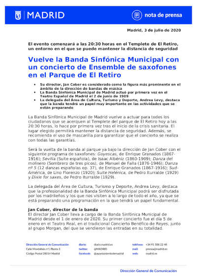 Vuelve la Banda Sinfónica Municipal con un concierto de Ensemble de saxofones en el Parque de El Retiro