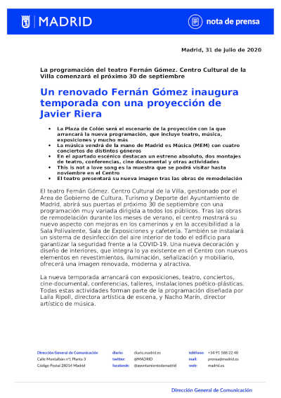 Un renovado Fernán Gómez inaugura temporada con una proyección de Javier Riera
