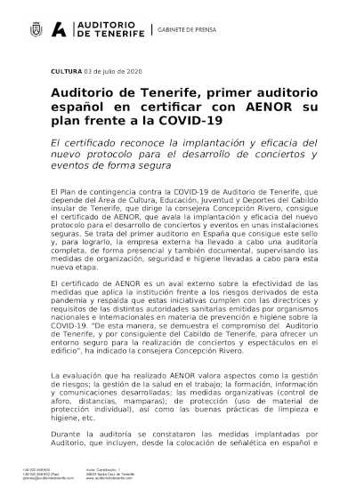 Auditorio de Tenerife, primer auditorio español en certificar con AENOR su plan frente a la COVID-19