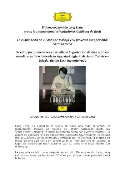 El famoso pianista Lang Lang graba las monumentales Variaciones Goldberg de Bach