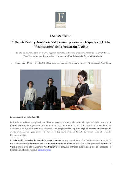 El Dúo del Valle y Ana María Valderrama, próximos intérpretes del ciclo “Reencuentro” de la Fundación Albéniz
