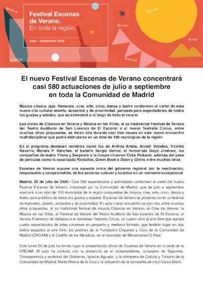 El nuevo Festival Escenas de Verano concentrará  casi 580 actuaciones de julio a septiembre