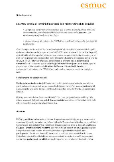 La ESMUC amplía el plazo de inscripción de los másters hasta el 27 de julio