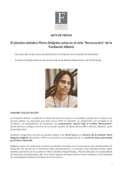 El pianista cántabro Pierre Delignies actúa en el ciclo “Reencuentro” de la Fundación Albéniz