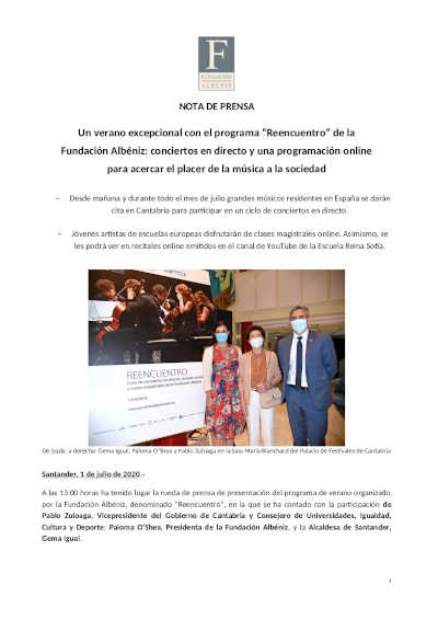 Un verano excepcional con el programa “Reencuentro” de la Fundación Albéniz: conciertos en directo y una programación online