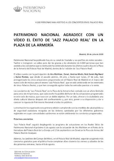 Patrimonio Nacional agradece con un vídeo el éxito de «Jazz Palacio Real» en la Plaza de la Armería