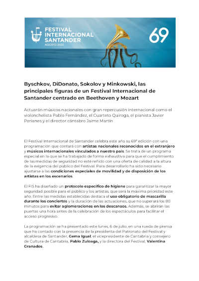 Byschkov, DiDonato, Sokolov y Minkowski, las principales figuras del 69º Festival Internacional de Santander