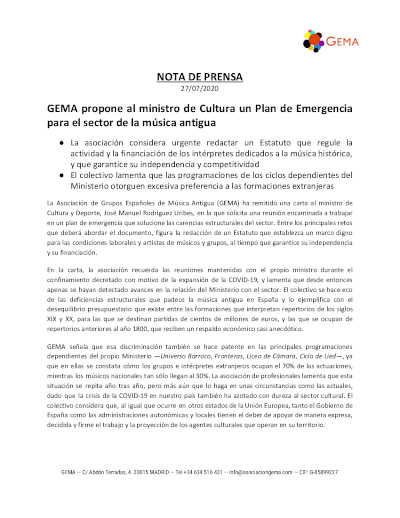 GEMA propone al ministro de Cultura un Plan de Emergencia para el sector de la música antigua