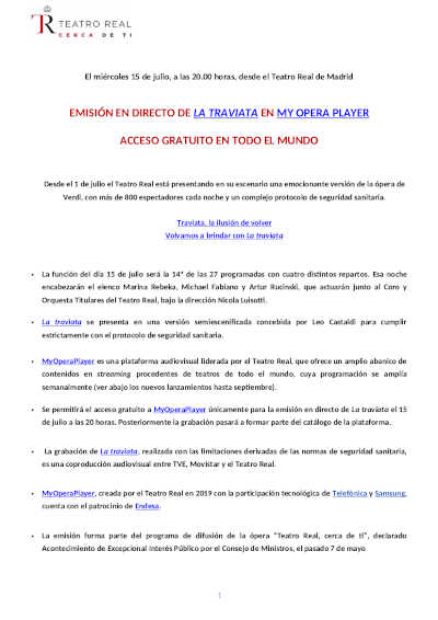 Emisión en directo de «La traviata» en MyOperaPlayer con acceso gratuito para todo el mundo