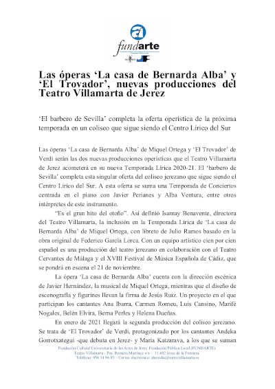 Las óperas ‘La casa de Bernarda Alba’ y ‘El Trovador’, nuevas producciones del Teatro Villamarta de Jerez