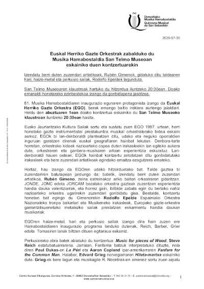 Euskal Herriko Gazte Orkestra será la encargada de inaugurar la  Quincena Musical