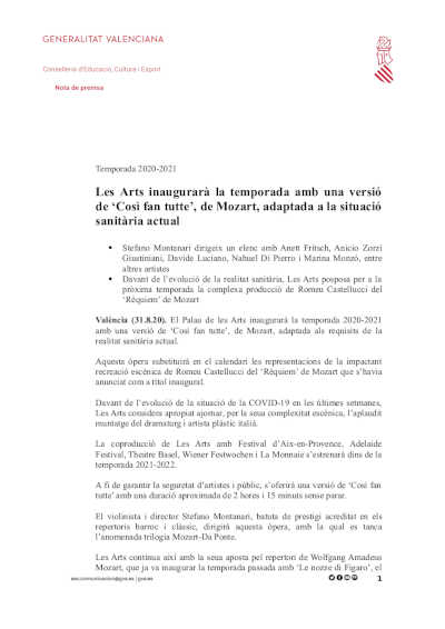 Les Arts inaugurará la temporada con una versión de ‘Così fan tutte’, de Mozart