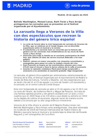 La zarzuela llega a Veranos de la Villa con dos espectáculos que recrean la historia del género lírico español