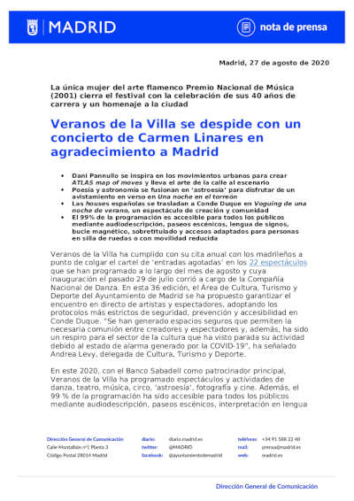 Veranos de la Villa se despide con un concierto de Carmen Linares en agradecimiento a Madrid