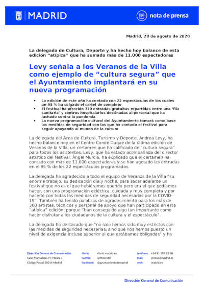 Andrea Levy: Veranos de la Villa son ejemplo de “cultura segura” que el Ayuntamiento implantará en su nueva programación