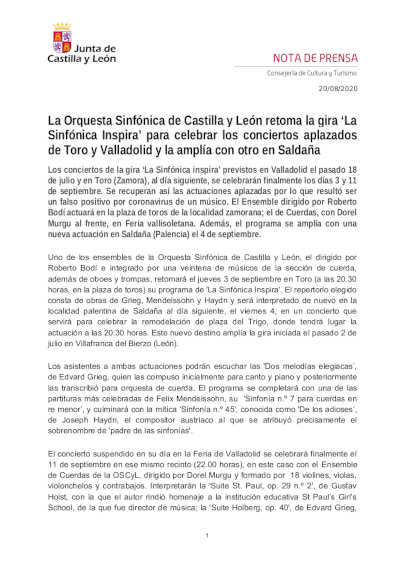 La Orquesta Sinfónica de Castilla y León retoma la gira «La Sinfónica Inspira»