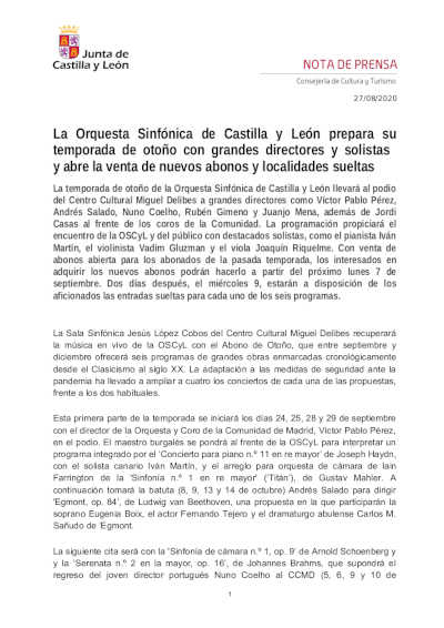 La Orquesta Sinfónica de Castilla y León prepara su temporada de otoño con grandes directores La Orquesta Sinfónica de Castilla y León prepara su temporada de otoño con grandes directores