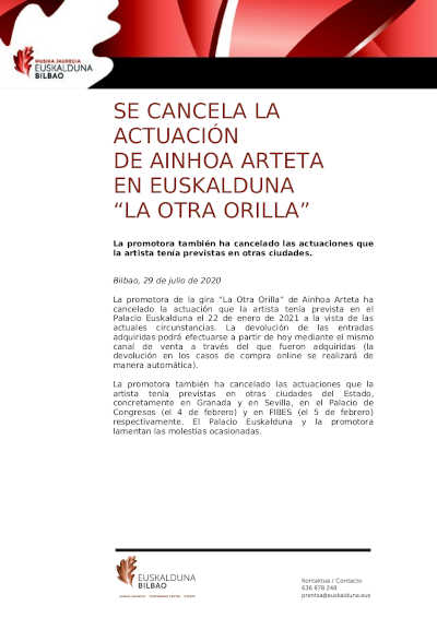Ainhoa Arteta cancela nuevamente la gira de presentación de ‘La otra orilla’