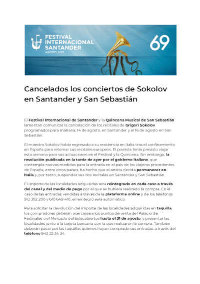 Cancelados los conciertos de Sokolov en Santander y San Sebastián