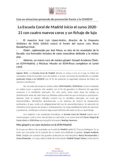 La Escuela Coral de Madrid inicia el curso 2020-21 con cuatro nuevos coros y un fichaje de lujo