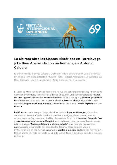 La Ritirata abre los Marcos Históricos en Torrelavega y La Bien Aparecida con un homenaje a Antonio Caldara La Ritirata abre los Marcos Históricos en Torrelavega y La Bien Aparecida con un homenaje a Antonio Caldara