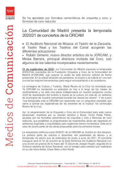 La Fundación Orquesta y Coro de la Comunidad de Madrid presenta su temporada 2020-2021