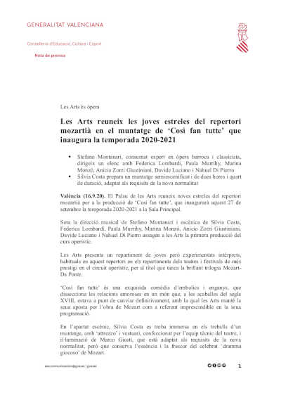 Les Arts reúne a las jóvenes estrellas del repertorio mozartiano en el montaje de ‘Così fan tutte’