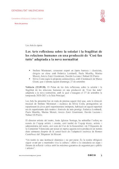 Les Arts reflexiona sobre la soledad y fragilidad de las relaciones humanas en una producción de ‘Così fan tutte’