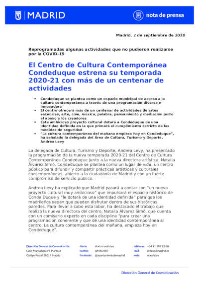 El Centro de Cultura Contemporánea Condeduque estrena su temporada 2020-21 El Centro de Cultura Contemporánea Condeduque estrena su temporada 2020-21