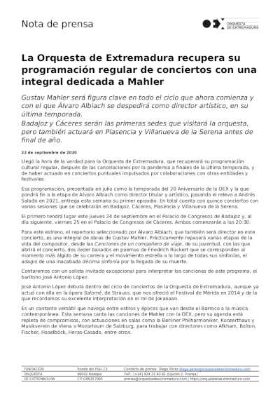 La Orquesta de Extremadura recupera su programación regular de conciertos con una integral dedicada a Mahler