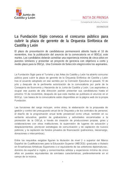 La Fundación Siglo convoca concurso público para cubrir plaza de gerente de Orquesta Sinfónica de Castilla y León La Fundación Siglo convoca concurso público para cubrir plaza de gerente de Orquesta Sinfónica de Castilla y León