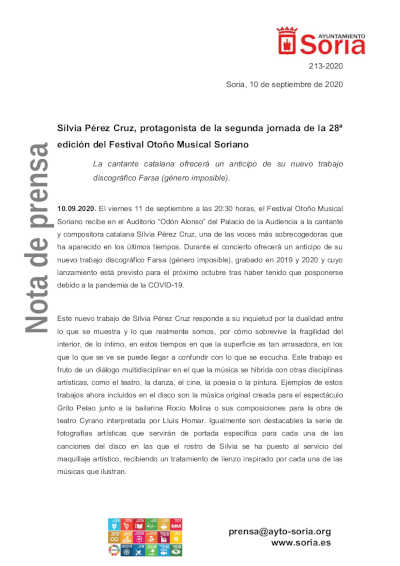 Sílvia Pérez Cruz, protagonista de la segunda jornada de la 28ª edición del Festival Otoño Musical Soriano