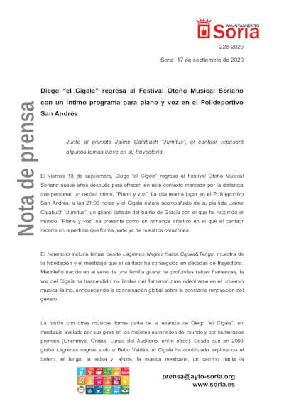 Diego “el Cigala” regresa al  Festival Otoño Musical Soriano con un íntimo programa para piano y voz