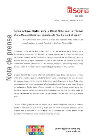 Forma Antiqva, Carlos Mena y Daniel Ortiz en el Festival Otoño Musical Soriano con “Yo, Farinelli, el capón” Forma Antiqva, Carlos Mena y Daniel Ortiz en el Festival Otoño Musical Soriano con “Yo, Farinelli, el capón”