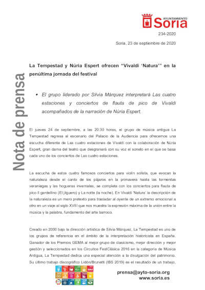 Vivaldi Natura con La Tempestad y Núria Espert en el Festival Otoño Musical Soriano