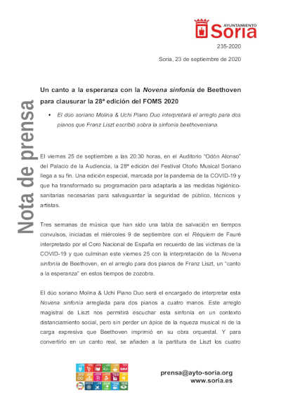 Un canto a la esperanza con la Novena Sinfonía de Beethoven para clausurar el 28º Festival Otoño Musical Soriano Un canto a la esperanza con la Novena Sinfonía de Beethoven para clausurar el 28º Festival Otoño Musical Soriano