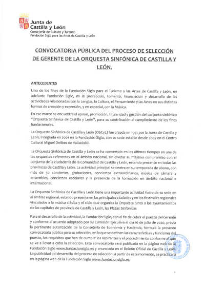 La Fundación Siglo convoca concurso público para cubrir plaza de gerente de Orquesta Sinfónica de Castilla y León La Fundación Siglo convoca concurso público para cubrir plaza de gerente de Orquesta Sinfónica de Castilla y León