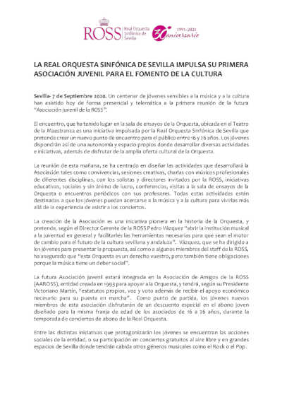 La Real Orquesta Sinfónica de Sevilla impulsa su primera asociación juvenil para fomento de la cultura