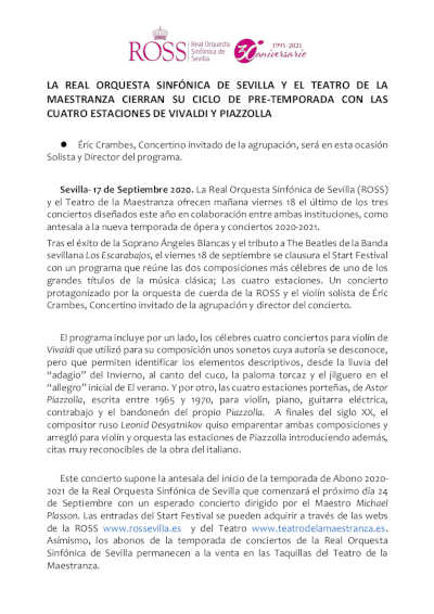 La Real Orquesta Sinfónica de Sevilla y el Teatro de la Maestranza cierran su ciclo pre-temporada