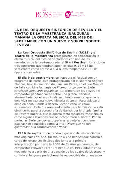 La Real Orquesta Sinfónica de Sevilla y el Teatro de la Maestranza inauguran la oferta musical de septiembre con «START Festival»