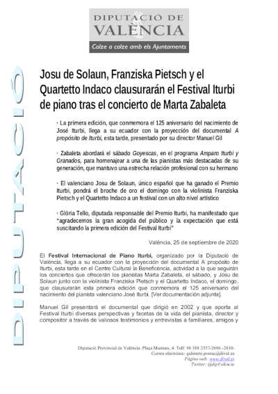 Josu de Solaun, Franziska Pietsch y el Quartetto Indaco clausurarán el Festival Iturbi de piano tras el concierto de Marta Zabaleta