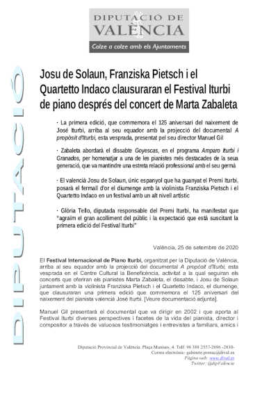 Josu de Solaun, Franziska Pietsch y el Quartetto Indaco clausurarán el Festival Iturbi de piano tras el concierto de Marta Zabaleta