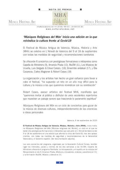 ‘Músiques Religioses del Món’ inicia una edición en la que reivindica la cultura frente al Covid-19