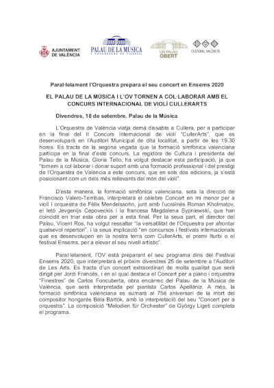 Palau de la Música y Orquesta de València vuelven a colaborar con el Concurso Internacional de Violín CullerArts
