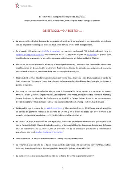 El Teatro Real inaugura su Temporada 2020-2021 con el preestreno de Un ballo in maschera, de Giuseppe Verdi, solo para jóvenes